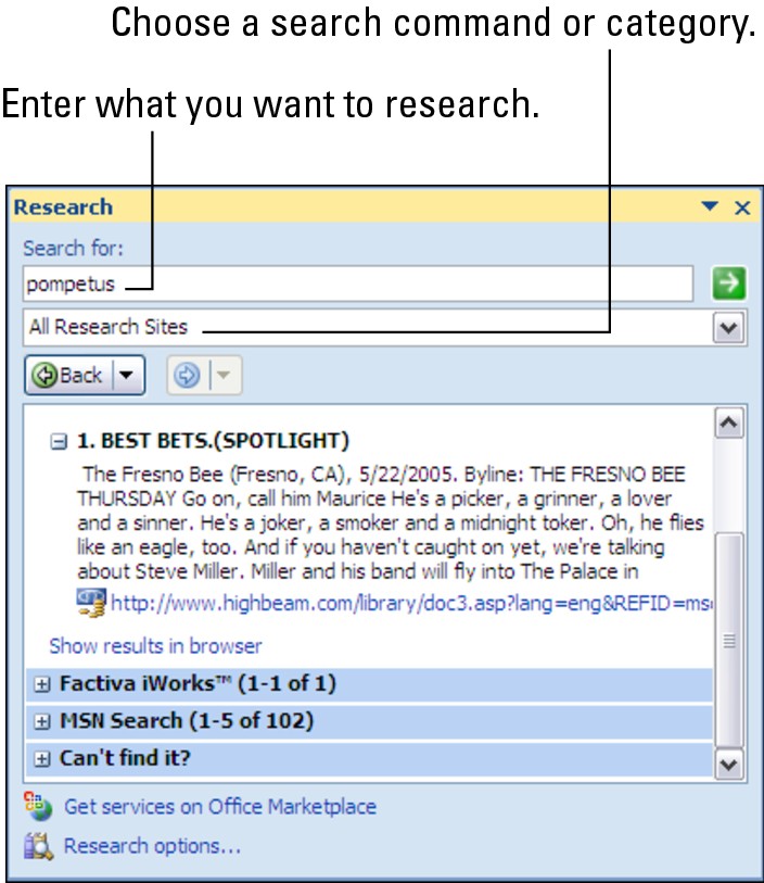 Figure 4-20: The Research task pane is like a mini-reference library.